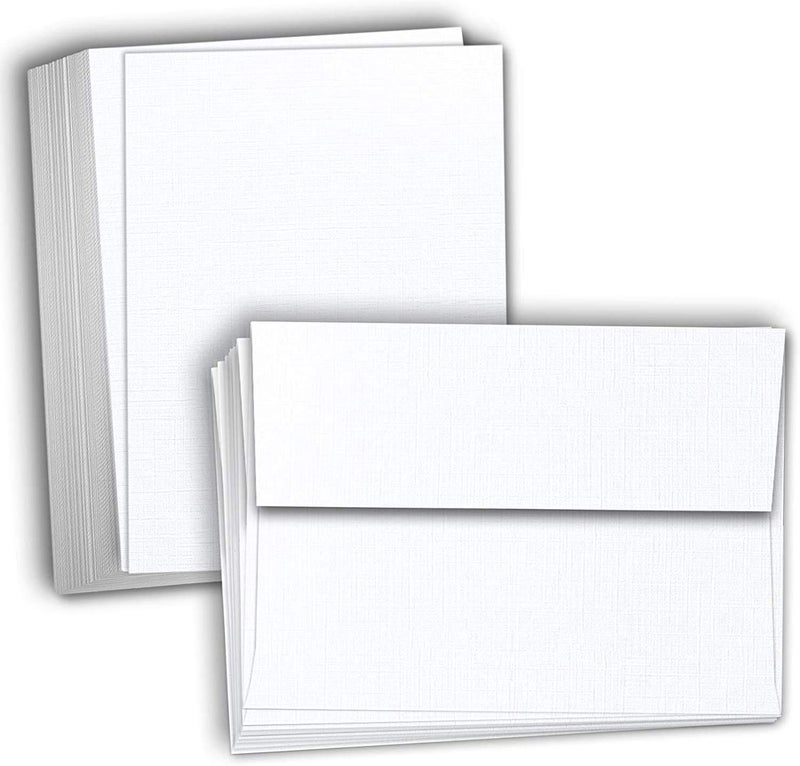 Hamilco White Linen Cards and Envelopes - Flat 5" x 7" Cardstock Paper 80lb Cover 50 Pack - Image 1
